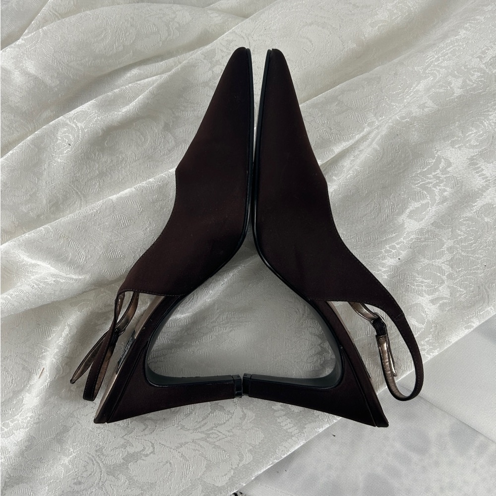 Vintage Nine West Brown Pointed-Toe Satin Slingback Heels - Picture 5 of 8